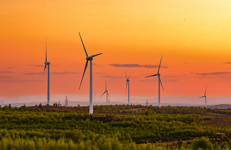 2023年5月23日清晨拍攝的內蒙古興安盟烏蘭浩特市呼和馬場風力光伏發(fā)電場內的風機。